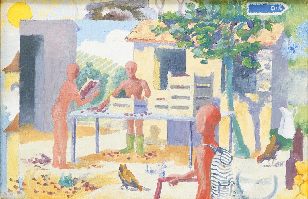 Mid century style, abstract figures harvesting plums, signed JH and dated 93, oil on canvas, 19 x 29cm